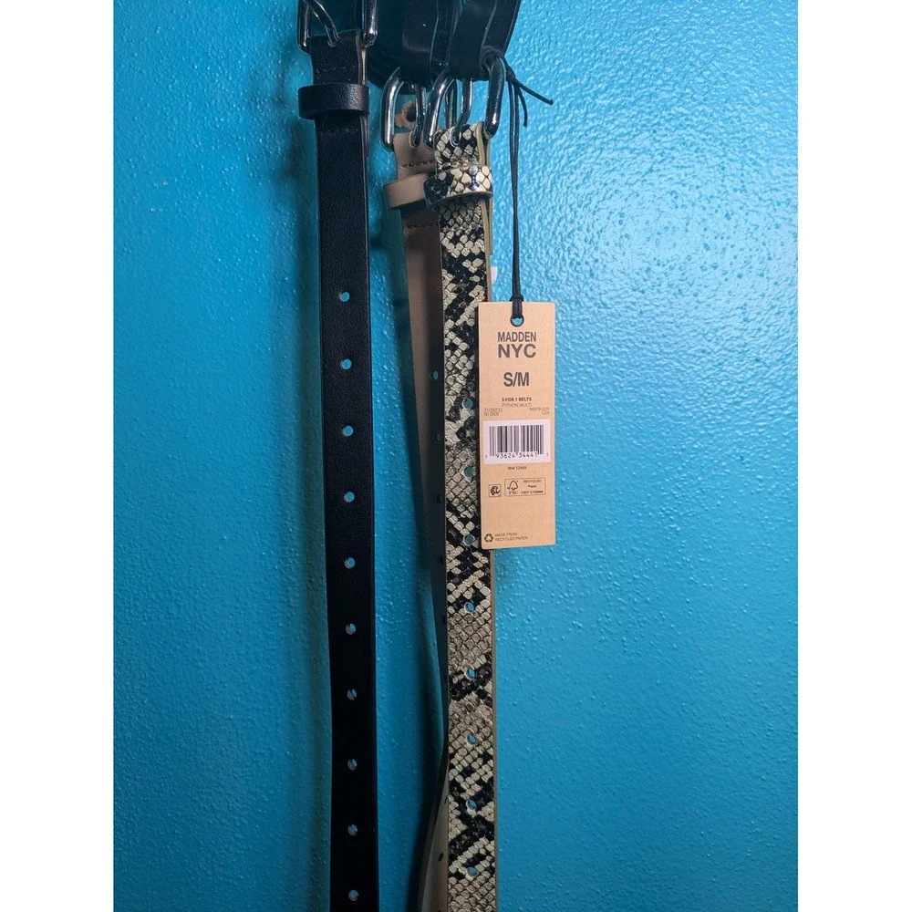Madden NYC Womens 3 Pack Skinny Belts Black Tan Python Snakeskin Print S/M NWT
